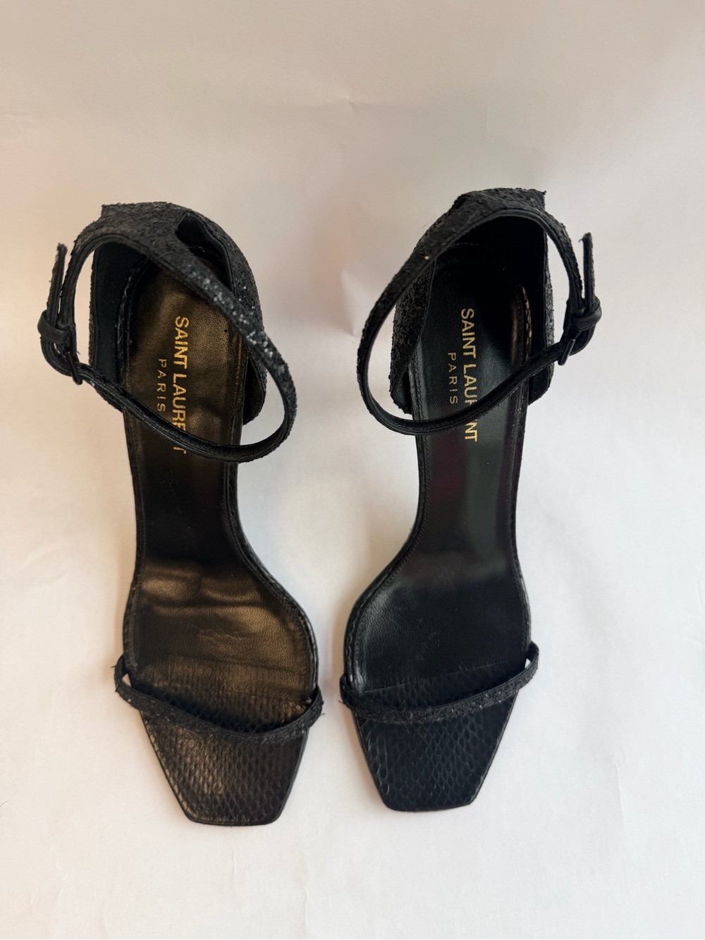 Saint Laurent Opyum Ankle Strap Sandals YSL Monogram Heel Black Glitter 39 - Picture 5 of 13